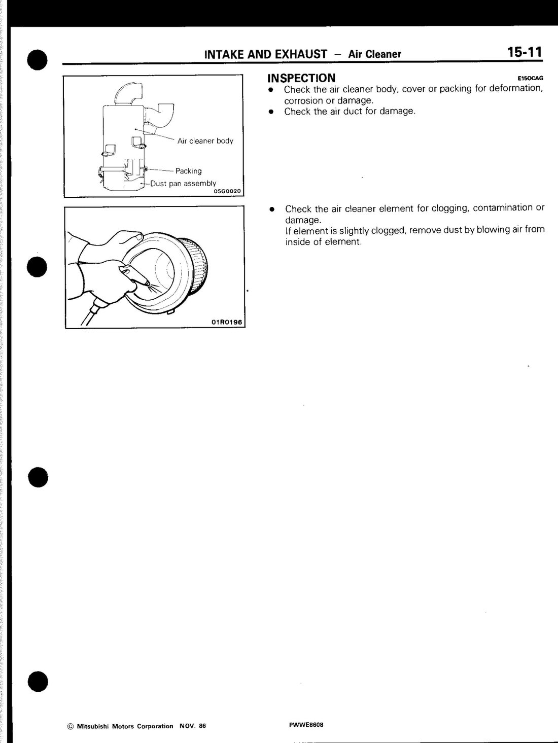 Factory manual diagram — inspection points and clearing a clogged element, page 15-11