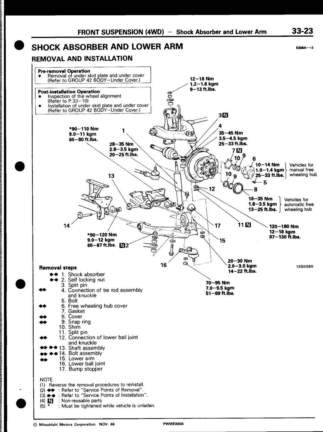 Factory manual exploded diagram — shock absorber and lower arm, page 33-23