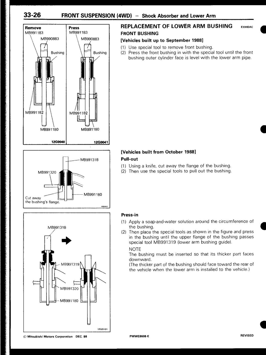 Factory manual diagram — lower arm bushing removal and press-in tools, page 33-26