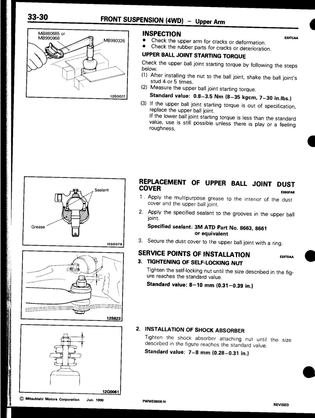 Factory manual diagram — starting torque check tool and dust cover sealant/grease points, page 33-30