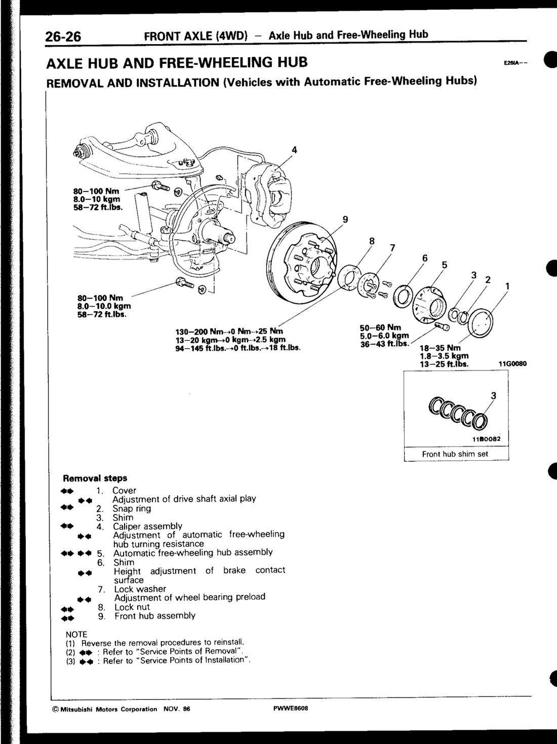 Factory manual exploded diagram — axle hub and free-wheeling hub, page 26-26