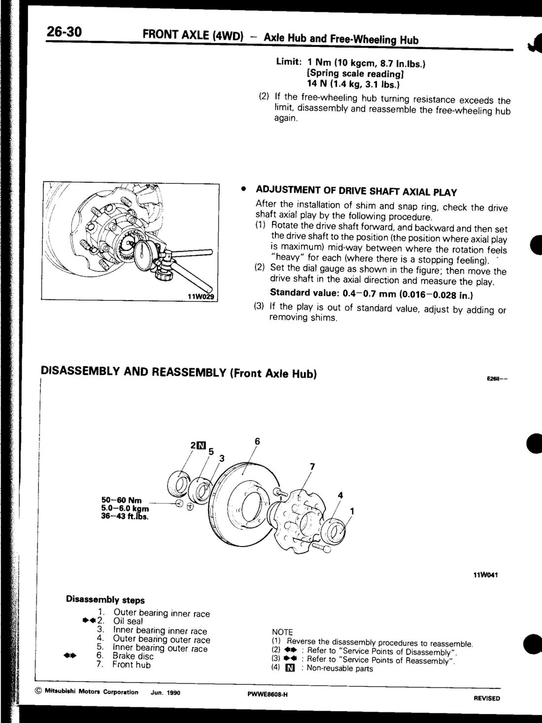 Factory manual diagram — dial gauge setup for drive shaft axial play, page 26-30