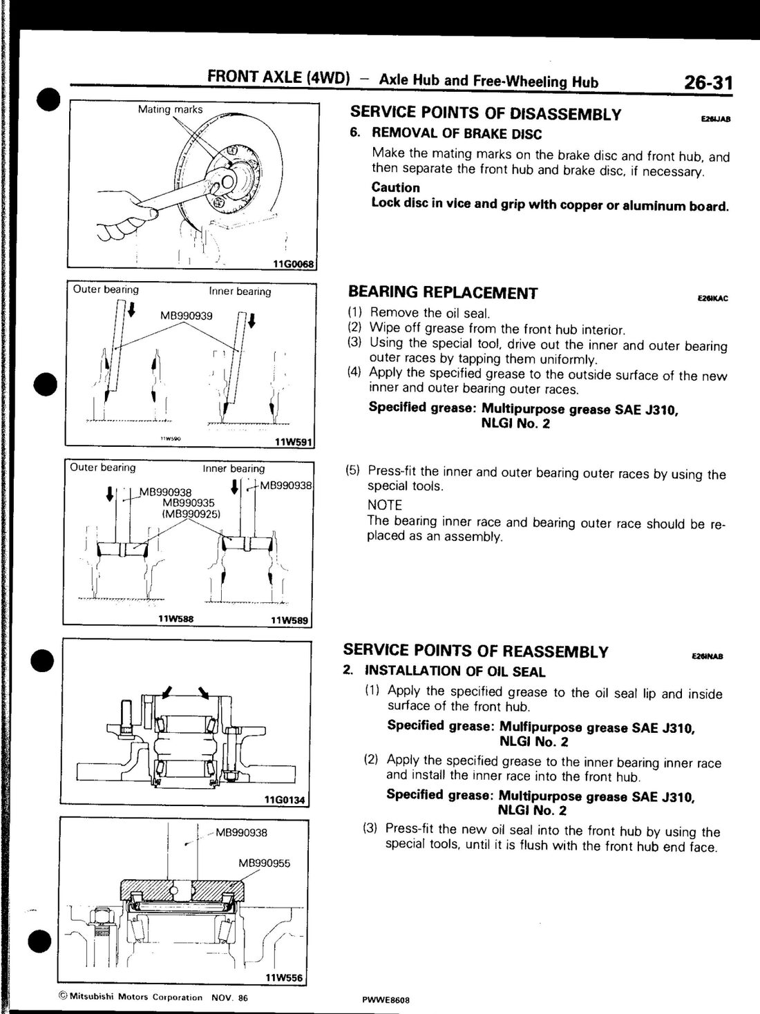 Factory manual diagram — brake disc removal and bearing outer race press tooling, page 26-31