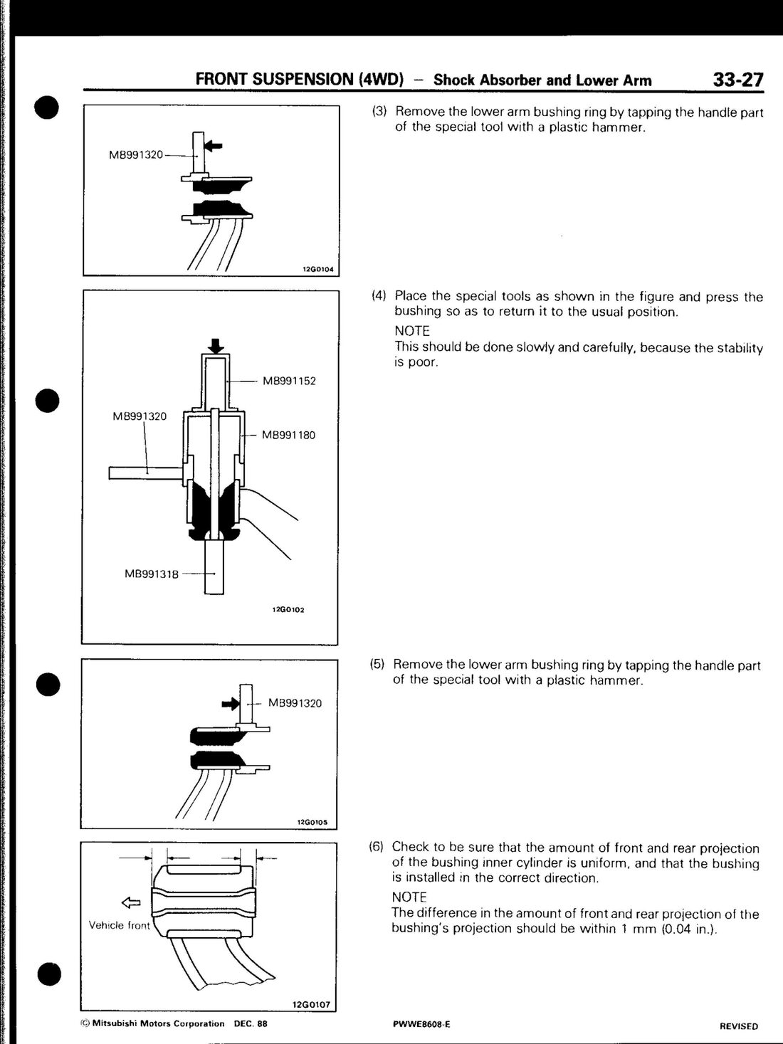 Factory manual diagram — bushing pull-out and press-in tooling, page 33-27
