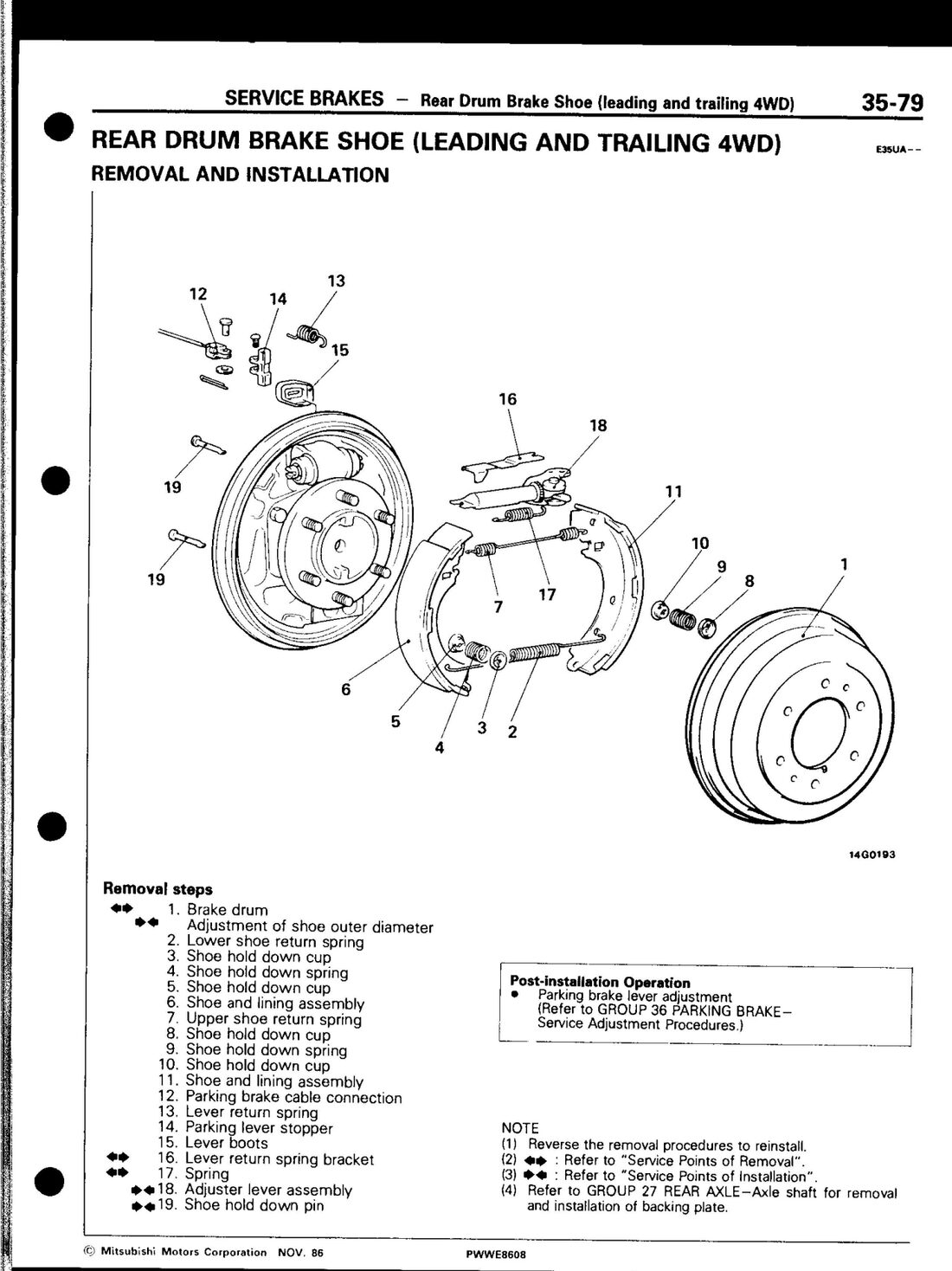 Factory manual exploded diagram — rear drum brake shoe, leading and trailing 4WD, page 35-79