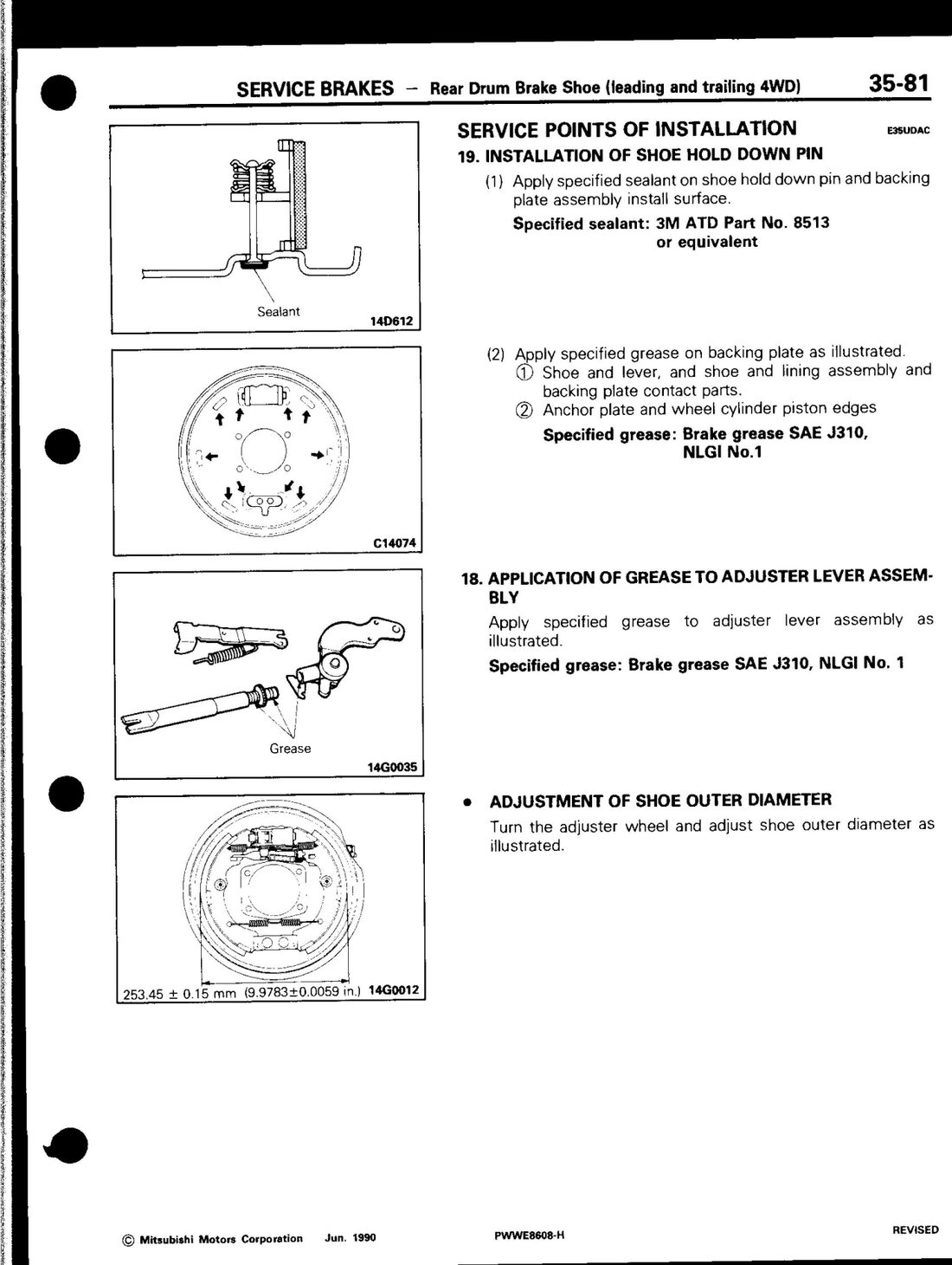 Factory manual diagram — grease points, sealant, and shoe outer diameter adjustment, page 35-81