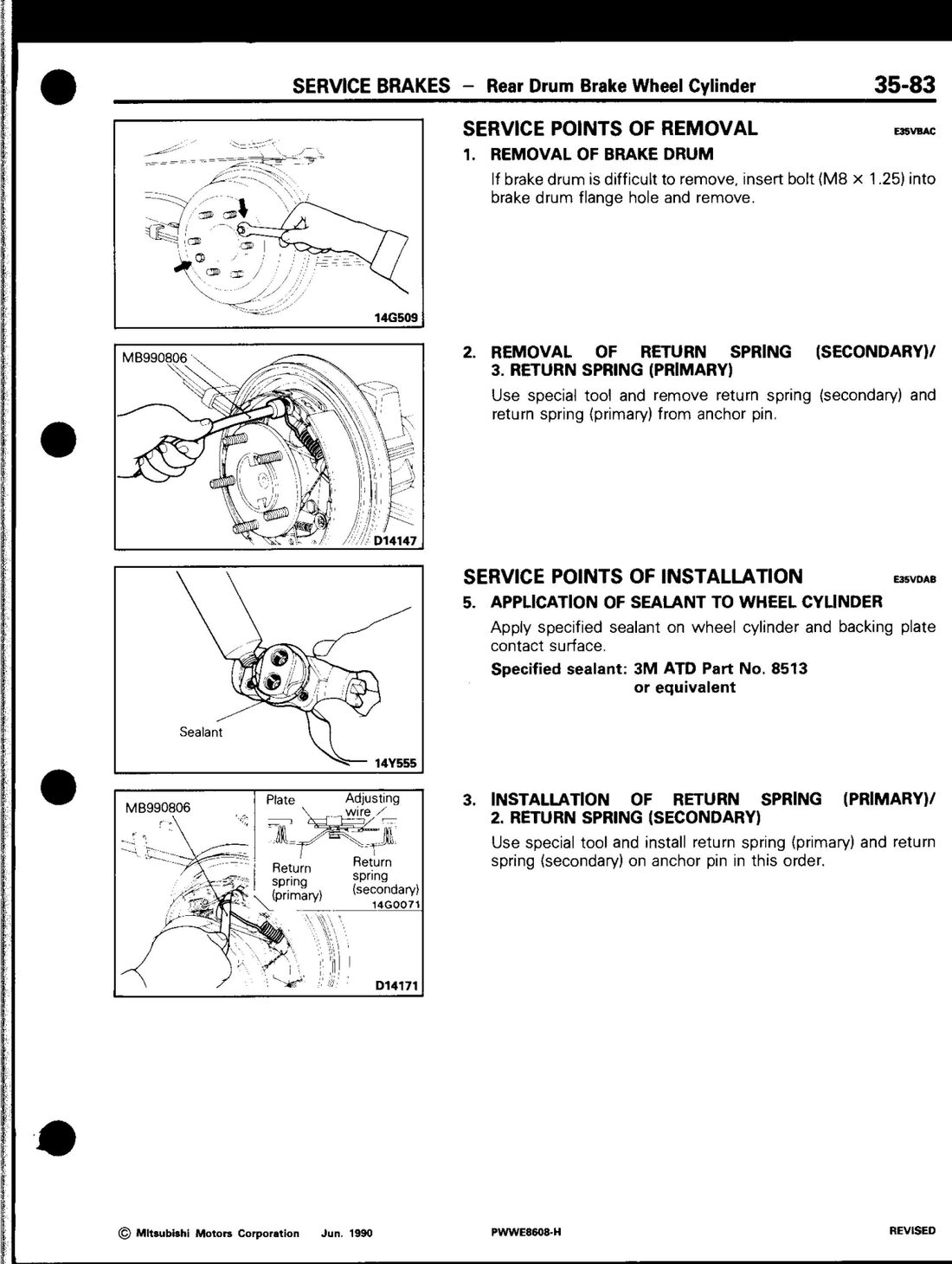 Factory manual diagram — brake drum removal and wheel cylinder return spring tool, page 35-83